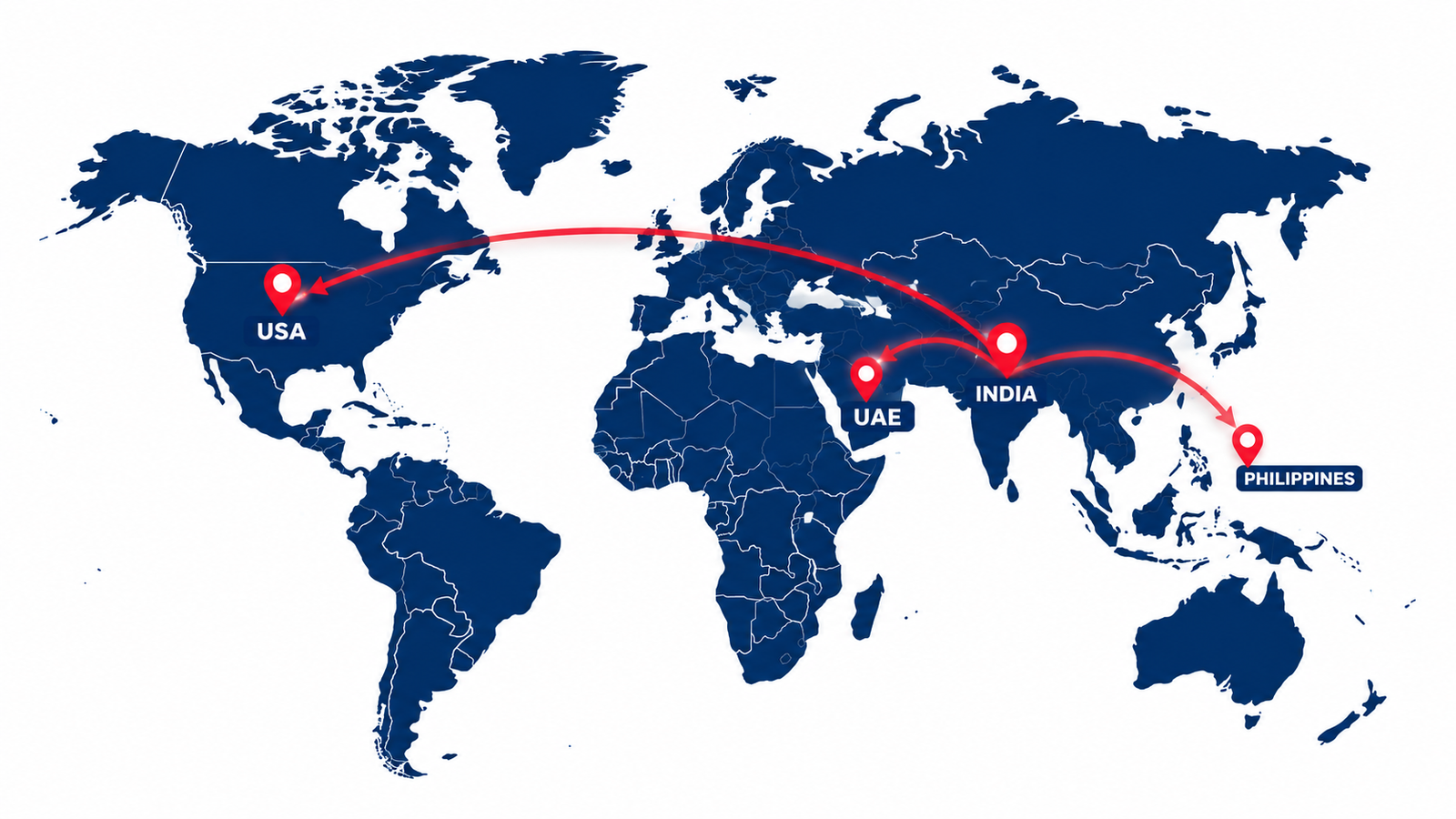 Global Auto Experts network map highlighting the USA, UAE, India, and the Philippines